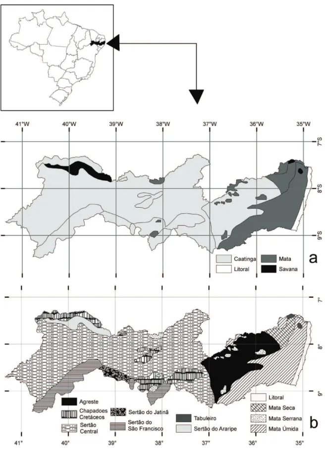 Figura 1. Localização do Estado de Pernambuco e mapas fitogeográficos mostrando as zonas e subzonas fitogeográficas de Pernambuco  de  acordo  com Andrade-Lima  (1960)