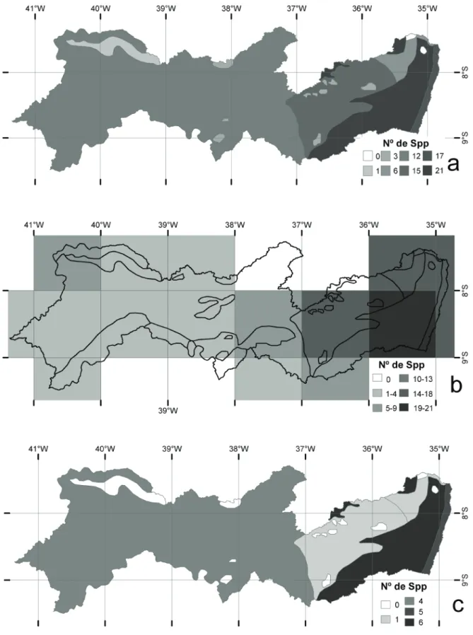 Figura 2. Mapas do Estado de Pernambuco com subzonas fitogeográficas (Andrade-Lima 1960) mostrando a distribuição da riqueza de  espécies de Paspalum no Estado