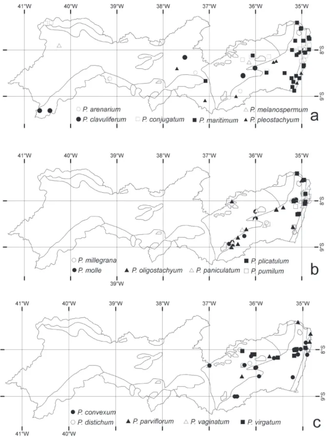 Figura 3. Mapas da distribuição das espécies de Paspalum  no Estado de Pernambuco, com subzonas fitogeográficas, baseada em registros  de herbários, observações in loco, levantamento bibliográfico e nos registros do CNWG (Soreng et al