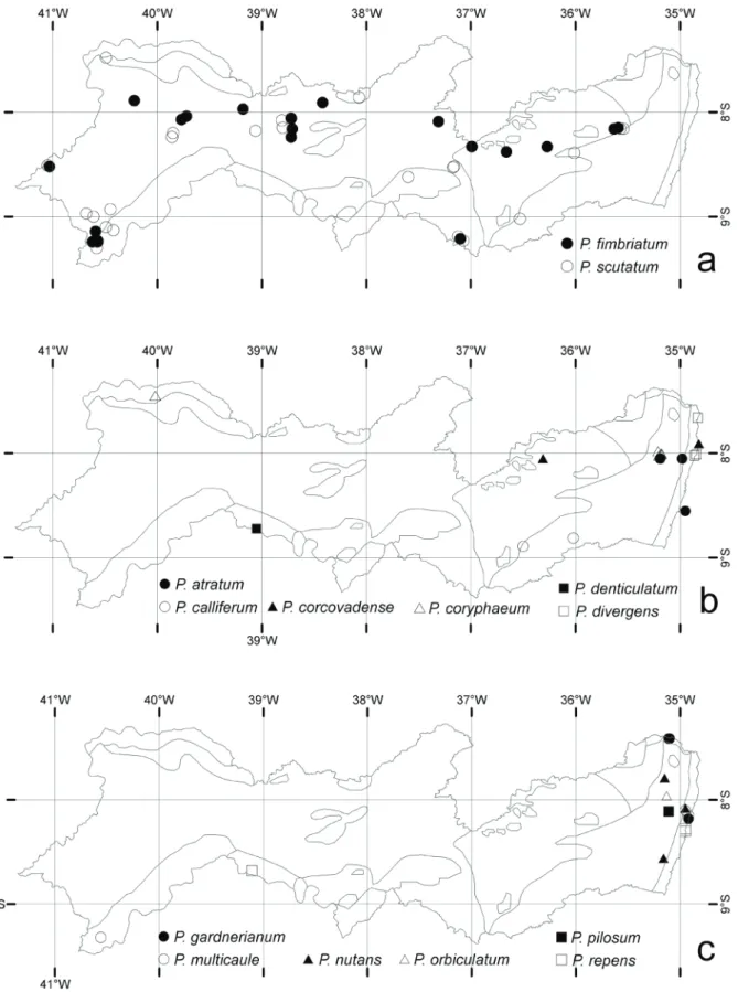 Figura 4. Mapas da distribuição das espécies de Paspalum  no Estado de Pernambuco, com subzonas fitogeográficas, baseada em registros  de herbários, observações in loco, levantamento bibliográfico e nos registros do CNWG (Soreng et al
