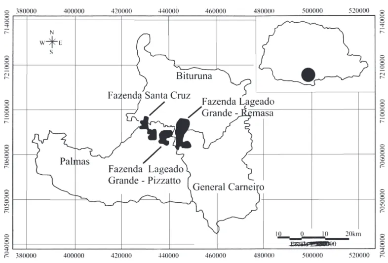 Figura 1. Localização das áreas de estudo na região centro-sul do estado do Paraná. Figure 1