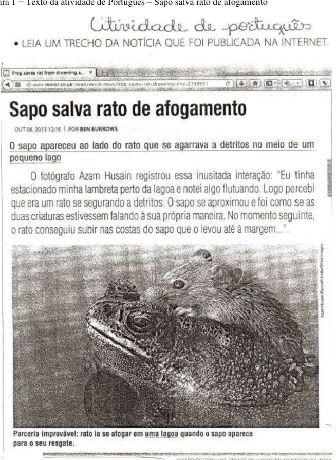 Figura 1 − Texto da atividade de Português – Sapo salva rato de afogamento 