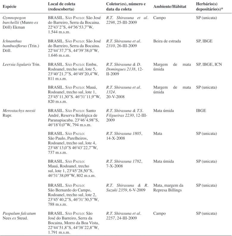 Tabela 1. Lista das espécies de Poaceae consideradas presumivelmente extintas em São Paulo, e recentemente redescobertas