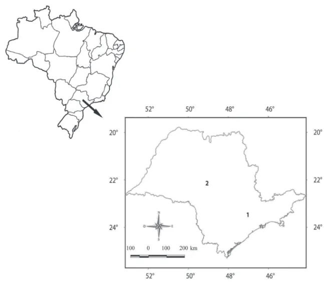 Figura 1. Localização das áreas de estudo. (1) Parque Estadual Cantareira (PEC), (2) Estação Ecológica de Caetetus (EEC)