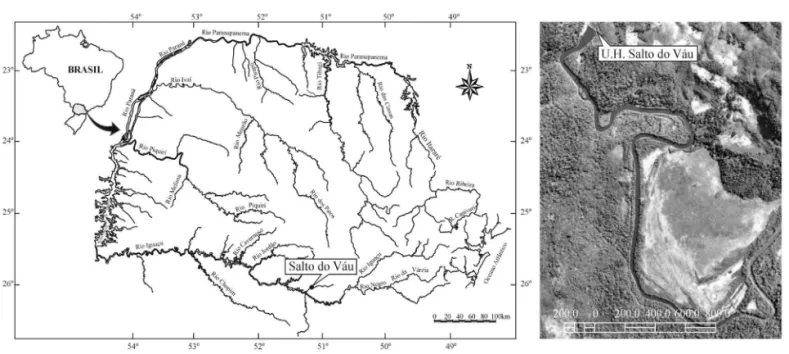 Figura 1. Localização do reservatório de Salto do Vau no Estado do Paraná, com detalhe de sua forma desde a região superior até a região  das comportas da usina hidrelétrica.