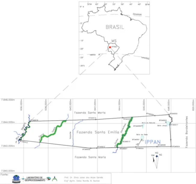 Figura 1. Estado do Mato Grosso do Sul e o Instituto de Pesquisas do Pantanal da Universidade para o Desenvolvimento do Estado e da  Região do Pantanal, no Município de Rio Negro.