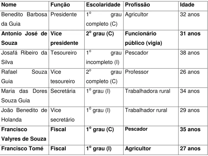 Tabela 5. Composição da diretoria da APAPAIS 