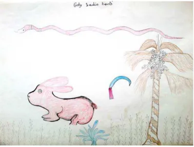 Figura 7. Gano Kébé, em 2013, agora ele mesmo é proprietário de alguns animais, desenha seguidamente bois  (comparar com a vaca/galinha da Figura 5); os outros elementos, como a correia que mantém a vaca amarrada 