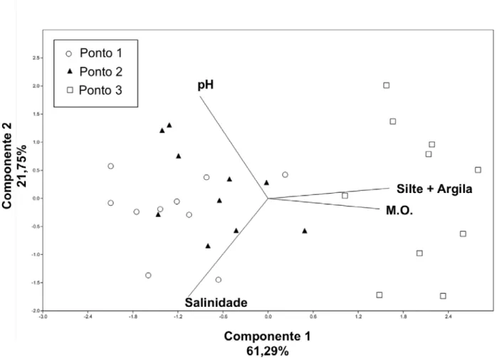 Figura 1.2 – Análise de PCA mostrando a variabilidade dos dados ambientais nas 30 amostras de  sedimentos do manguezal do Pacoti, Ceará
