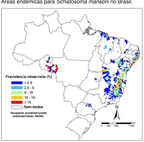 Figura 8  –  Áreas endêmicas para Schistosoma mansoni no Brasil. 