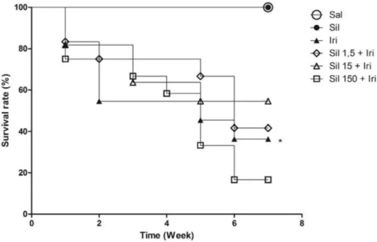 Fig. 1. Irinotecan increased mice mortality, and silymarin was not able to attenuate this parameter