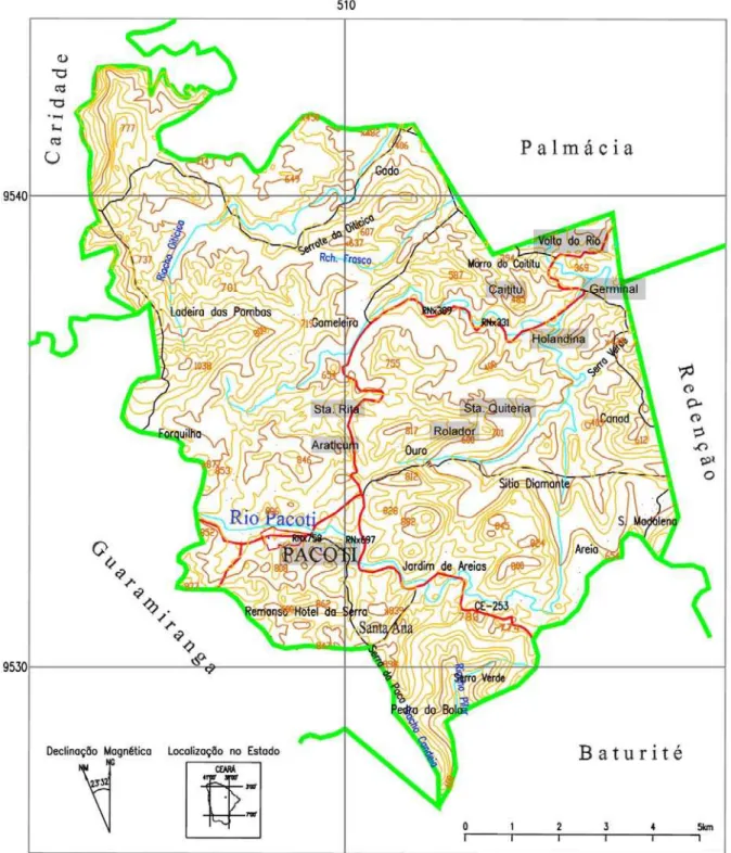 Figura 1: Mapa do município de Pacoti. A localização da sede do município e das localidades  de estudo estão destacadas