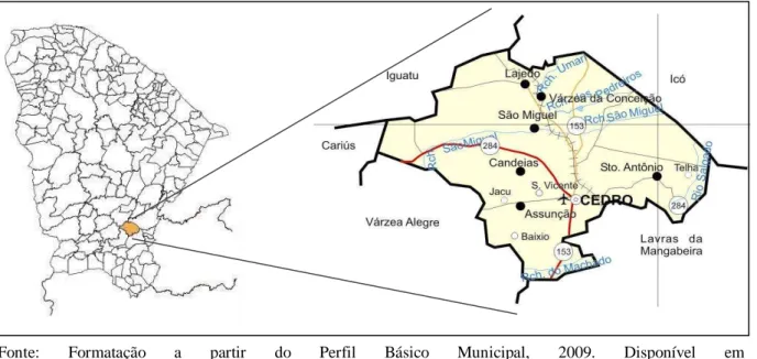 Figura 9 – Localização do Município de Cedro no Estado do Ceará e Divisão Político-Administrativa 