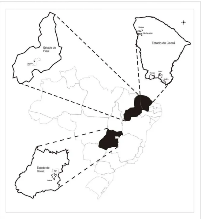 Figura 09: Localidades de coleta das amostras seqüenciadas de Melipona quinquefasciata nos  estados do Ceará, Piauí e de Goiás