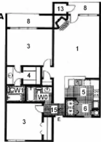 Figura 1  Planta de apartamento americana, tipo 2.0/210,  Dallas, Texas; os quartos não constituem um bloco íntimo  único com o mesmo acesso (Fonte: Internet www