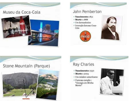 Figura 7 –  Alguns  dos slides  elaborados e apresentados pela  estudante norte-americana sobre  lugares turísticos e personalidades do  estado da Georgia