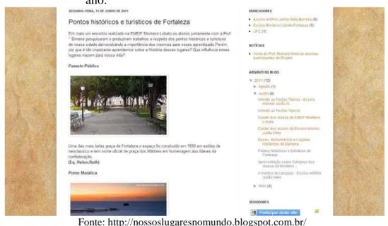 Figura  8  –  Postagem publicada a partir da  atividade de pesquisa sobre os Pontos  Históricos de Fortaleza pelos alunos do 5º  ano.