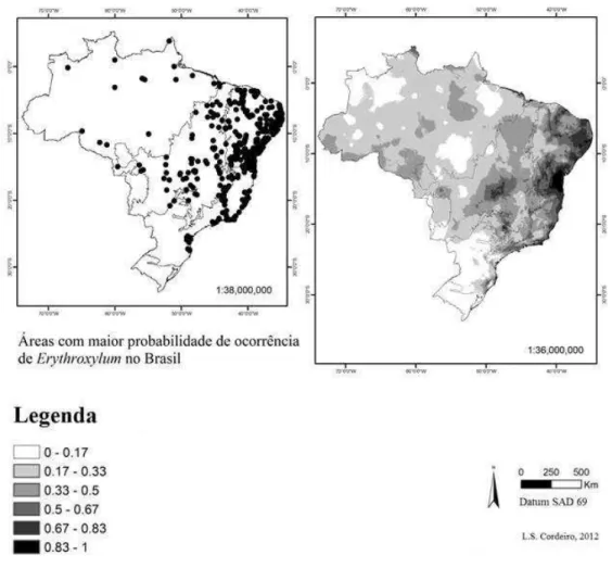 Figura 2 Dados de ocorrência reconhecida para as espécies de Erythroxylum restritas ao Brasil