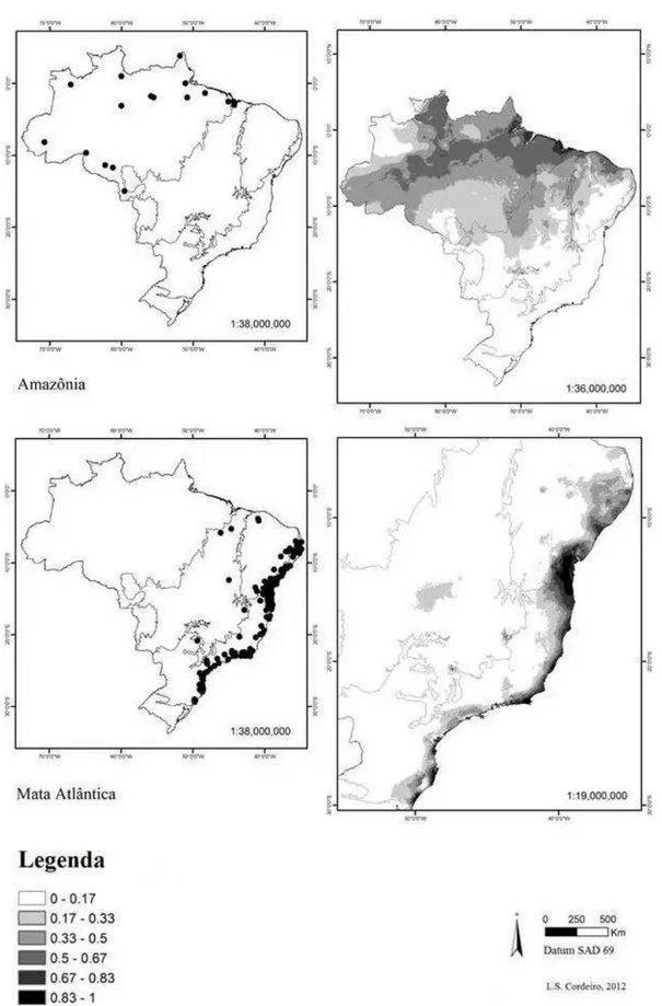 Figura  3  Distribuição  das  espécies  de  Erythroxylum  para  os  domínios  Amazônia  e  Mata  Atlântica  no  território  brasileiro
