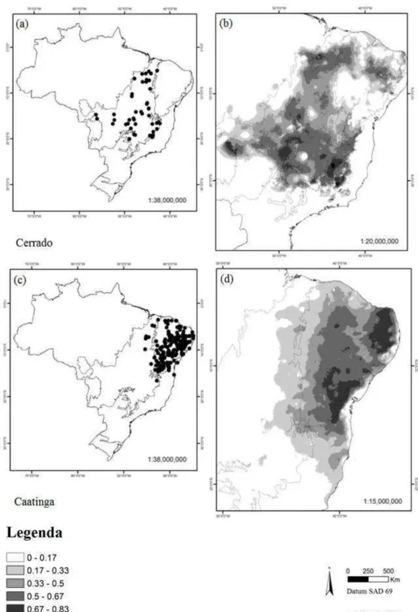 Figura  4  Distribuição  das  espécies  de  Erythroxylum  para  os  domínios  Cerrado  e  Caatinga  no  território  brasileiro