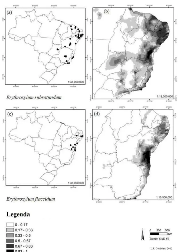 Figura 6 Distribuição das espécies Erythroxylum subrotundum e E. flaccidum em território brasileiro