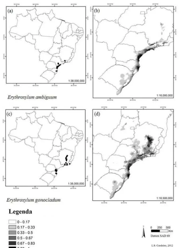 Figura 8 Distribuição das espécies Erythroxylum ambiguum e E. gonocladum em território brasileiro