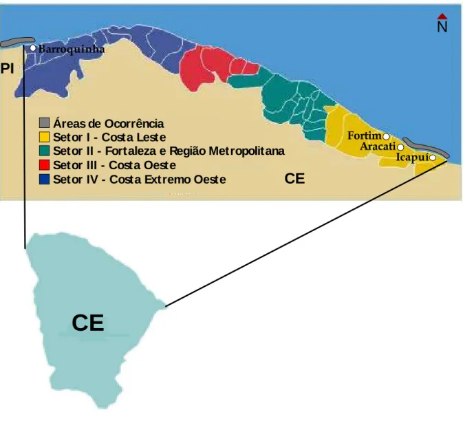 FIGURA 8 - Mapa do Ceará, com detalhamento das duas áreas de ocorrência do peixe-boi nos  litorais leste e oeste (modificado de SEMACE, mapa de setores do Zoneamento Costeiro)