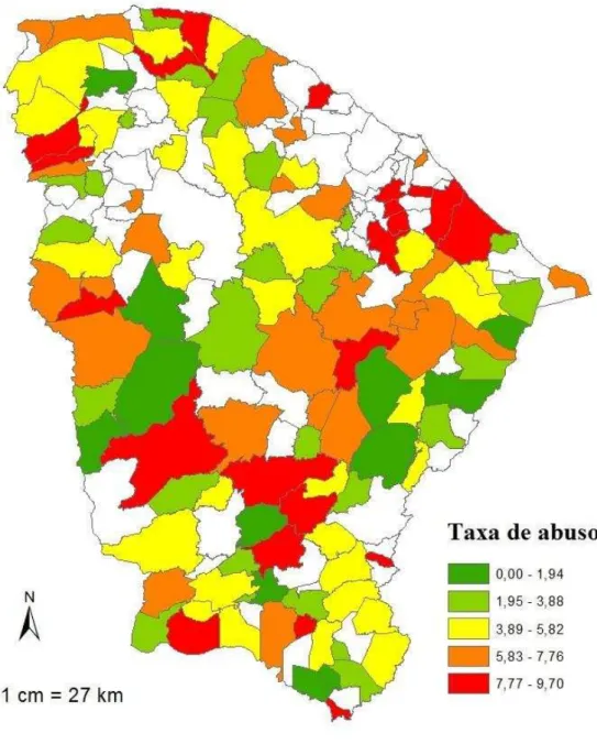 Figura 2- Mapa com a distribuição da taxa de abuso sexual no Ceará, no período de 2011 a  2014