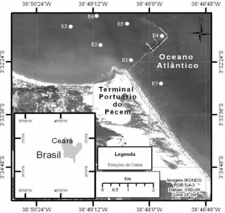 Figura 1 - Mapa da região costeira que compreende o Terminal Portuário do Pecém  com os pontos relativos à coleta.