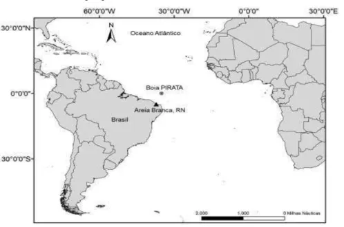 Figura 07: Mapa com a localização e rota da bóia PIRATA no Oceano Atlântico Oeste Equatorial a partir dos cais  pesqueiro de Areia Branca, RN