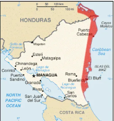 Figura 1 – Mapa da Nicarágua com a delimitação das áreas ocupadas pelas comunidades indígenas da Costa  Atlântica