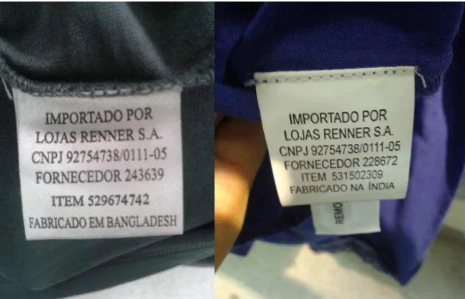 Figura 1  –  A esquerda etiqueta de vestuário com a produção em Bangladesh, e a direita etiqueta de vestuário  com produção na Índia