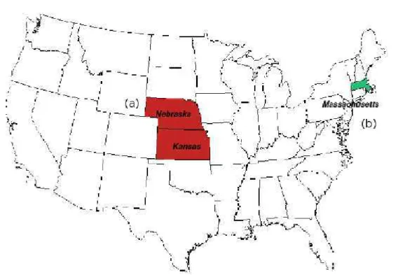 Figura 2: Mapa dos Estados Unidos mostrando (a) origem das artas e (b) loal onde a