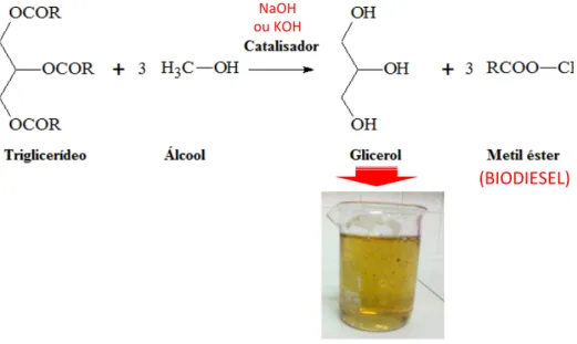 Figura 2.1 – Reação química de produção de biodiesel e consequente geração de glicerol, bem  como a imagem do glicerol residual