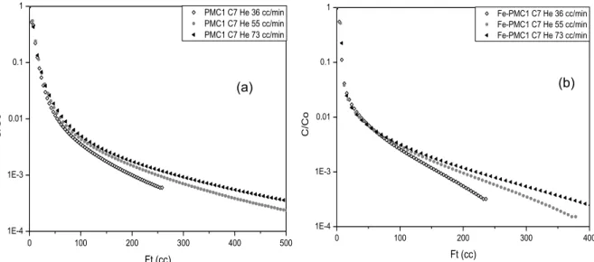 Figure 22 - Plot for n-heptane at 270 ºC and P o  = 0.0054 bar in the Ft form (a) PMC1 (b) Fe-PMC1
