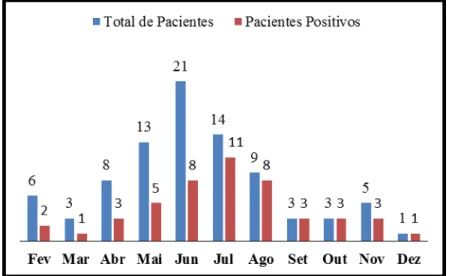 Figura  10.  Gráfico de distribuição mensal dos pacientes recrutados e  dos pacientes positivos para dengue