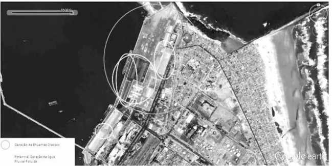 Figura 3 - Mapeamento das áreas de geração de eluentes oleosos e eluentes pluviais potencialmente poluídos ao longo  dos perímetros do porto de Fortaleza.
