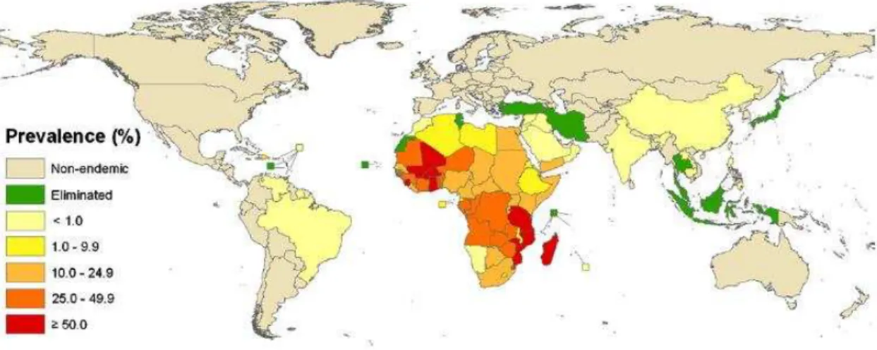 Figura 1. Atual distribuição da esquistossomose no mundo, estratificada de acordo com estimativas de prevalência  específicas de cada país.