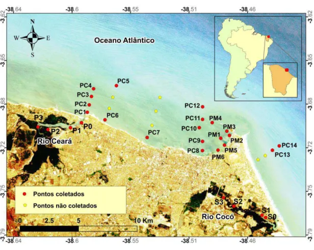Figura 2. Área de coleta de amostras sedimentos na zona costeira de Fortaleza. 