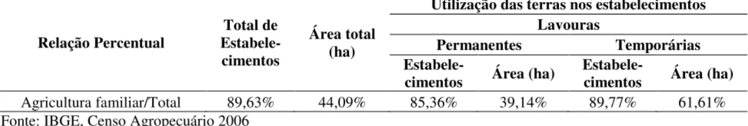 Tabela 2.4 – Relação Percentual entre os estabelecimentos de Agricultura Familiar e o Total de  Estabelecimentos Rurais no Ceará – 2006