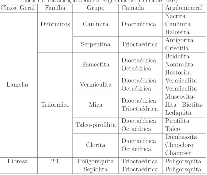 Tabela 1.1: Classifica¸c˜ao Geral dos Argilominerais [Guimar˜aes 2007].
