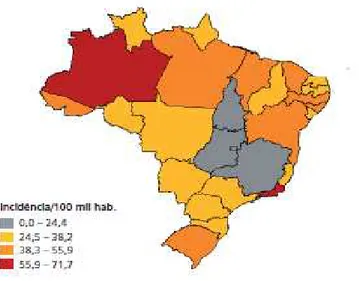 Figura 2: Distribuição da taxa de incidência de tuberculose (casos por 100.000 hab.) Brasil, 2007