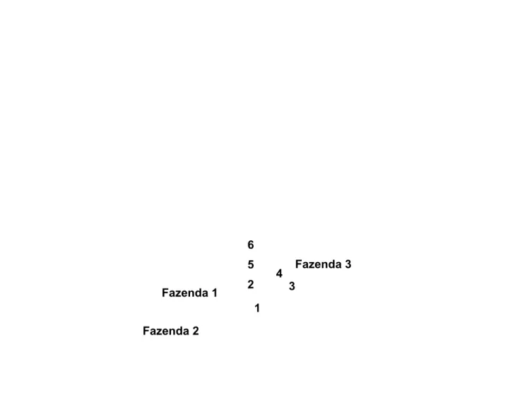 Figura 4. Localização das fazendas e distribuição dos pontos de amostragem na Fazenda 3: 1