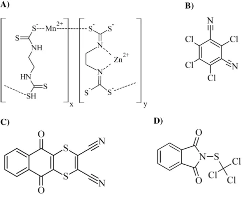 Figura 2  -  Estrutura química do A) Mancozebe (sendo x/y = 11), B) Clorotalonil, C) Ditianon e D) Folpet