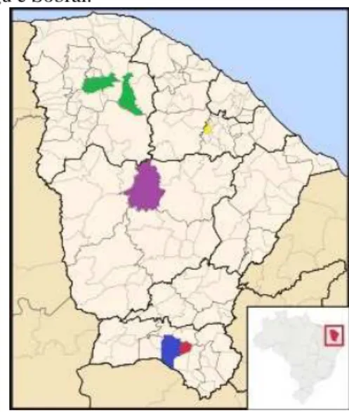 Figura 3 – Mapa do Estado do Ceará com destaque para os municípios de Boa Viagem, Crato, Juazeiro do Norte,  Mulungu e Sobral