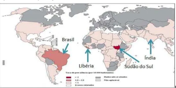 Figura 1: Distribuição da prevalência da hanseníase no mundo em 2012 