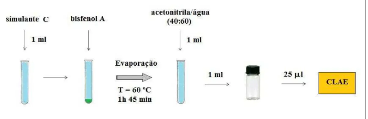 Figura 6   Ilustração esquemática apresentando o método de tratamento  utilizado para  o simulante C (solução de etanol 10%) 