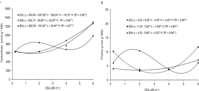Figura 2.7  – Teor de carboidratos (A) e prolina (B) nas folhas de plantas de sorgo cv