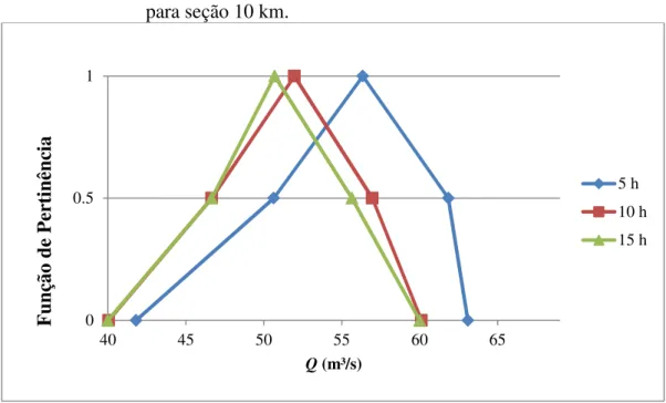 FIGURA 4. 21 - Funções de Pertinência para Vazão nos tempos 5 h, 10 h e 15 h,  para seção 10 km