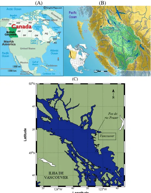 Figura 2. (A) Localização da província da Columbia Britânica no Canadá, (B) Bacia Hidrográfica do Rio Fraser e  sua localização no continente e (B) área de estudo